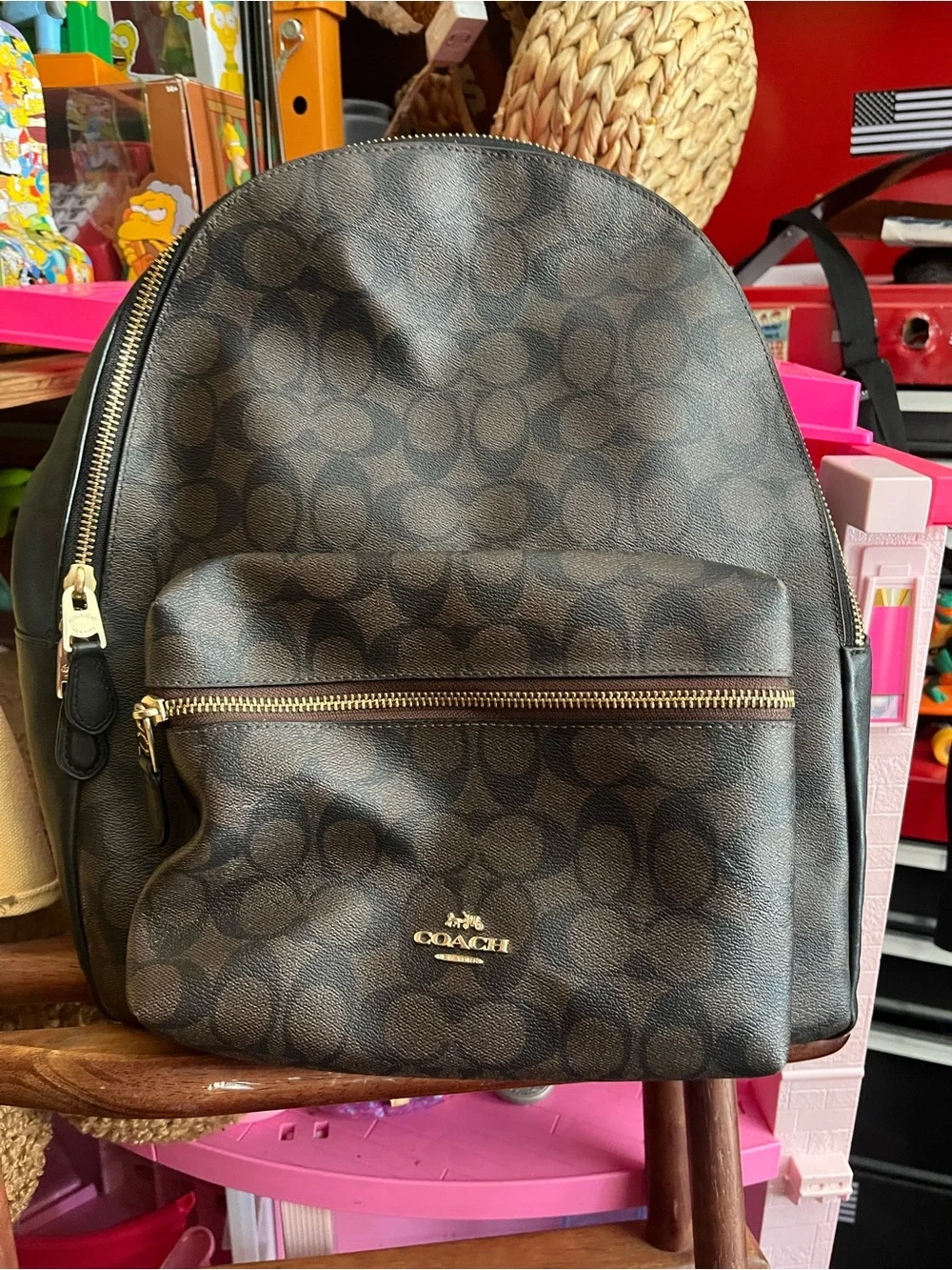 Coach Brown Signature Canvas Backpack with Gold Hardware